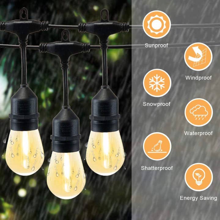 OutdoorSolarOutlet - Wholesale String Lights - 48F Solar Powered String Lights Waterproof LED Indoor/Outdoor Hanging Edison Bulb Lights with 15 Bulbs - Patio Lights