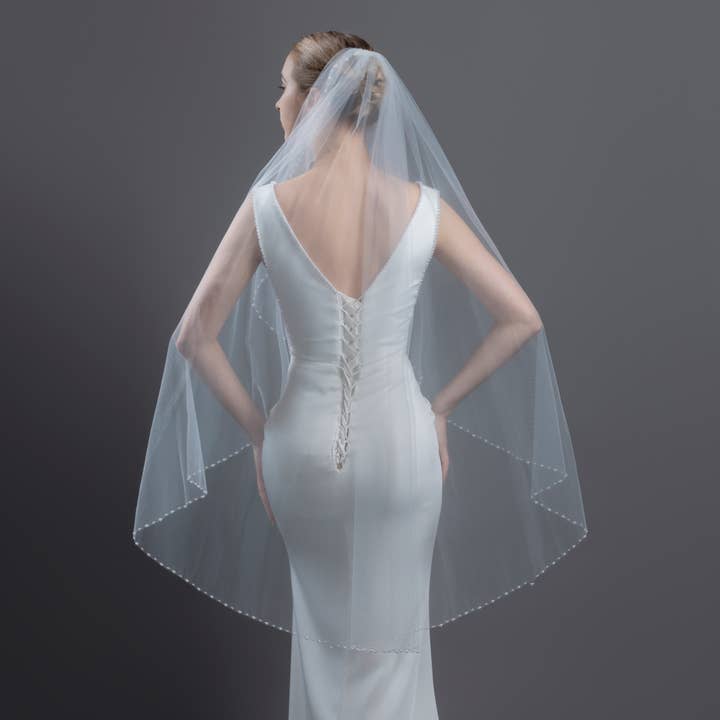 Farinosa Bridal - Wholesale Veil - Women's - FS6259-AC Pearl Crystal Beads Edge Angel Cut Bridal Veil 45"3