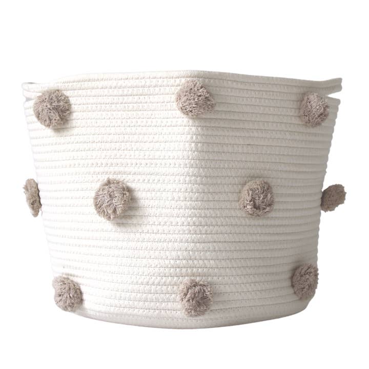 Cesta con pompones color topo, tamaño grande para venta al por mayor de Twig and Tassel