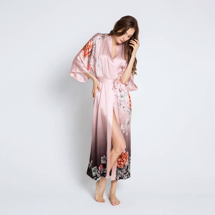 Silk Botan Long Kimono Robe for wholesale by KIM+ONO