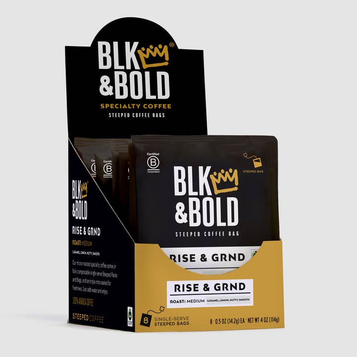 BLK & Bold: Rise & GRND Medium Roast Coffee 8ct Carton for wholesale by Steeped Coffee