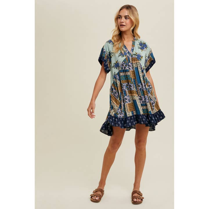 MINT COMBO MULTI-PRINT MINI DRESS / WL24-9552 for wholesale on Faire