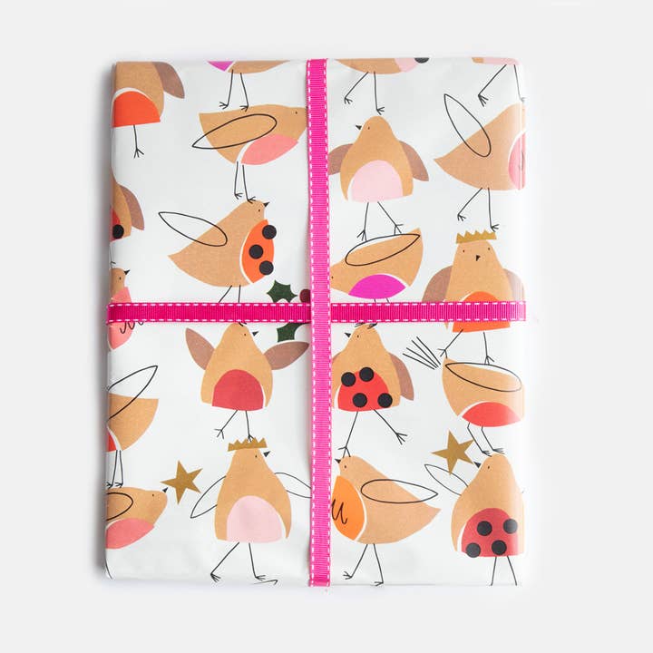 Caroline Gardner - Wholesale Wrapping paper roll - Stacked up collage Christmas Robins roll wrap