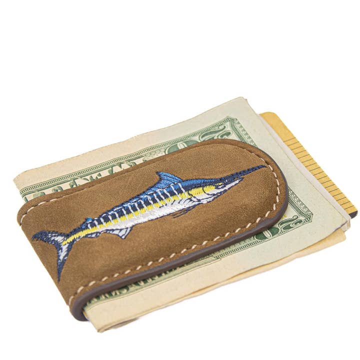 Embroidered Fish Leather Money Clip. for wholesale by Zep-Pro