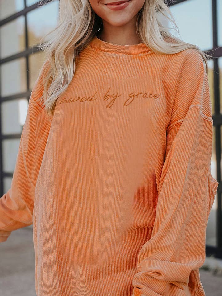Saved by Grace Embroidery Casual Oversized Ribbed Sweatshirt for wholesale by Lovesoft