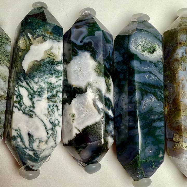Double Terminated Moss Agate Generator Points for wholesale by Liv Rocks