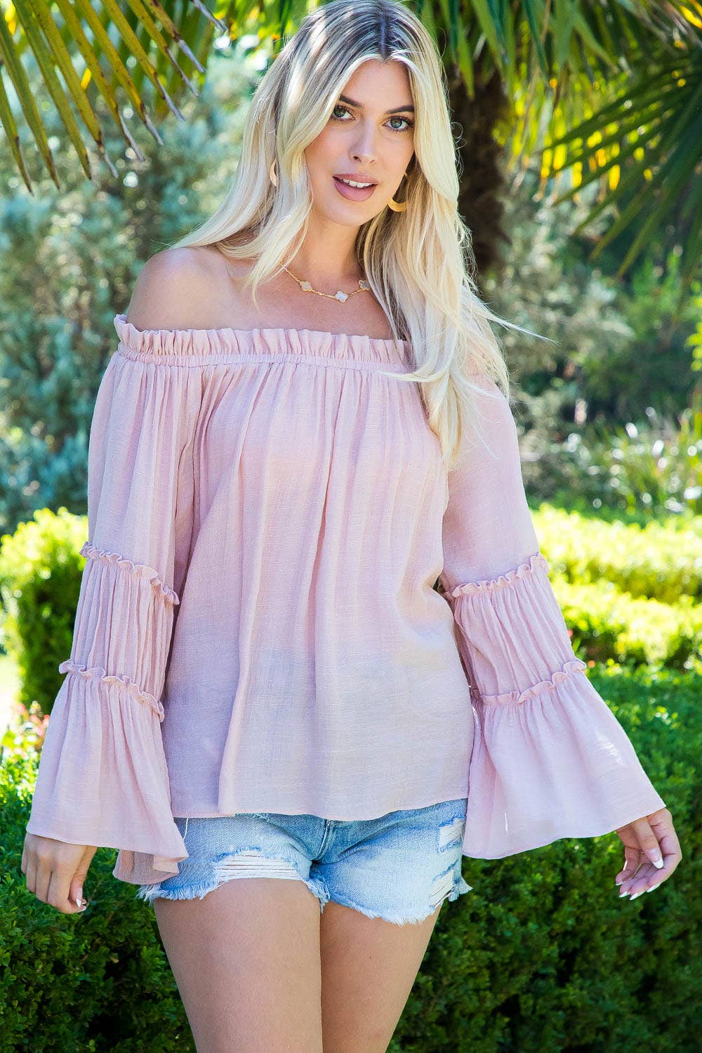 Sweet Lovely by Jen - Wholesale Blouse – Women’s - OFF SHOULDER TIERED BELL SLEEVE TOP0