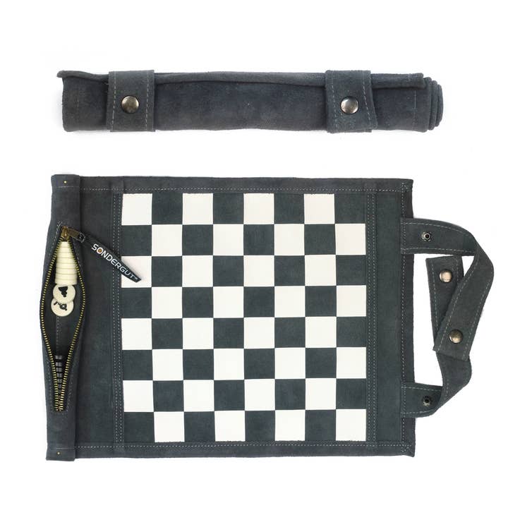 Travel Chess & Checkers 2 in 1 Roll-Up Portable Leather Game for wholesale by Sondergut