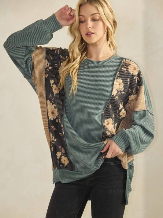 HEIMISH - Wholesale Tunic - Women's - ET7988-10 LONG SLEEVE SOLID AND FLORAL URBAN RIB TOP5
