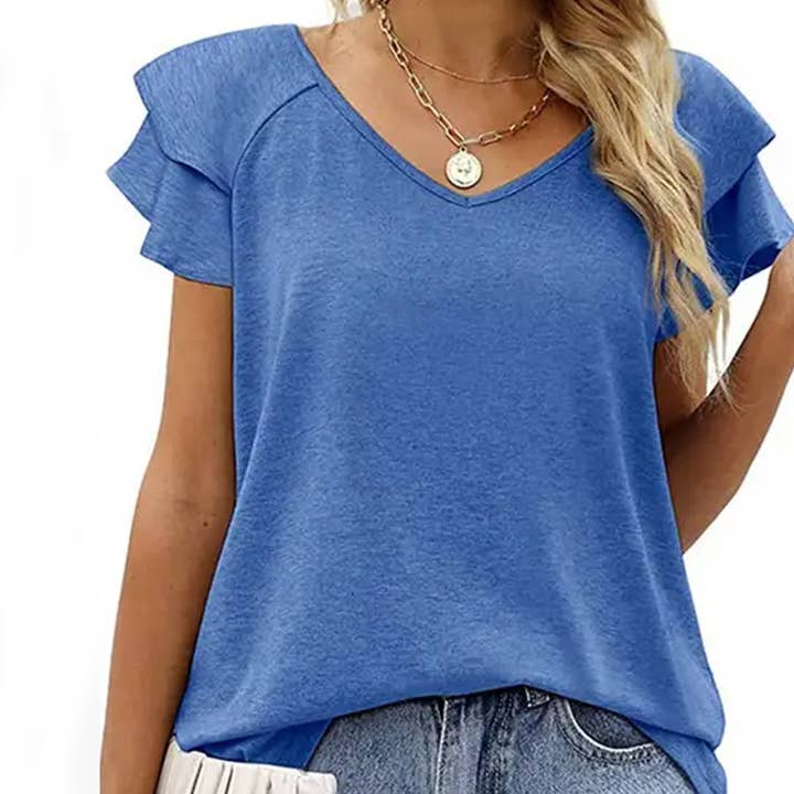 Loose Fitting Double-layer Ruffle Sleeve T-Shirt V-neck for wholesale by DOUBLJU