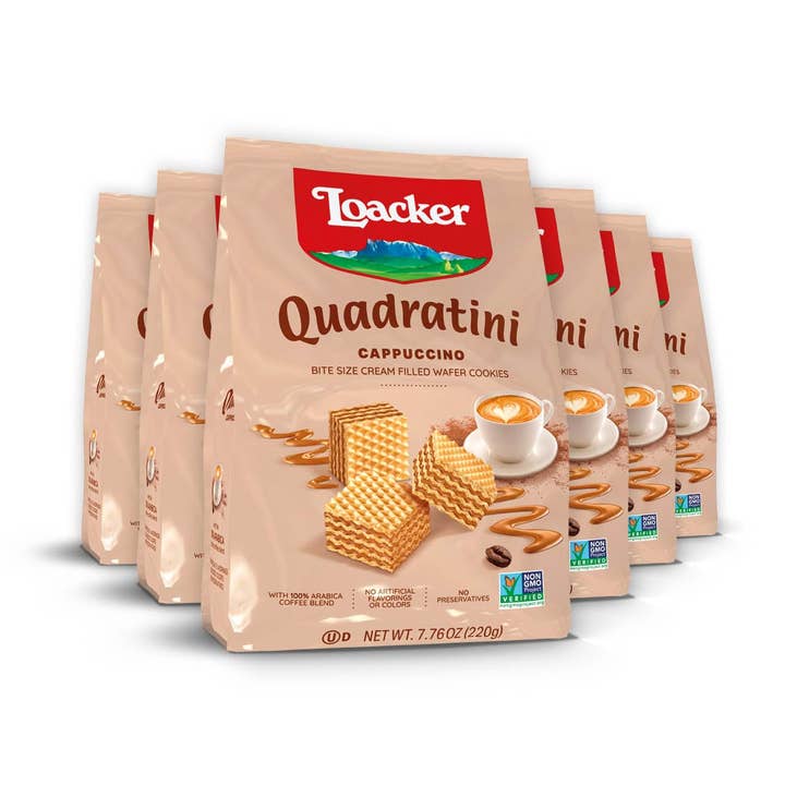 Loacker Quadratini Cappucino Wafer Bite Size Cookie Bag 7.76 oz 6ct for wholesale by Long Island Candy Factory