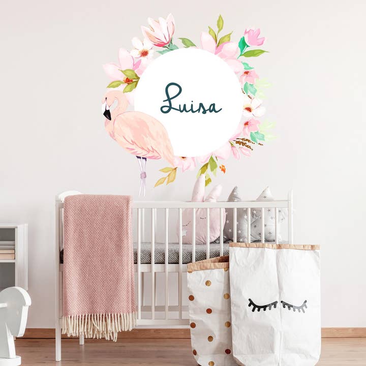 Flamingo med ønsket navn V278 væg klistermærke for engroshandel hos WANDKIND