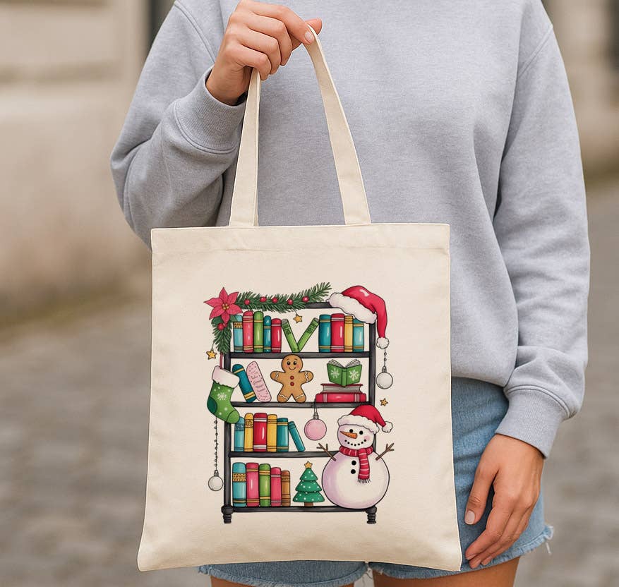 DaisyChainDesignCo - Wholesale Tote Bag - Women's - Christmas Bookshelf Book Lover Canvas Tote Bag