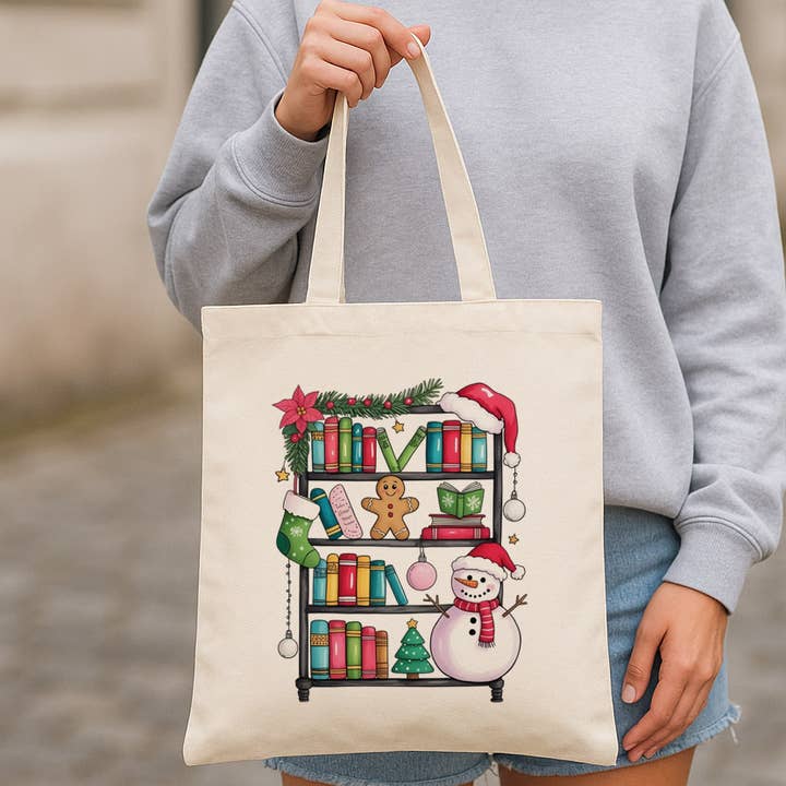 DaisyChainDesignCo - Wholesale Tote Bag - Women's - Christmas Bookshelf Book Lover Canvas Tote Bag0