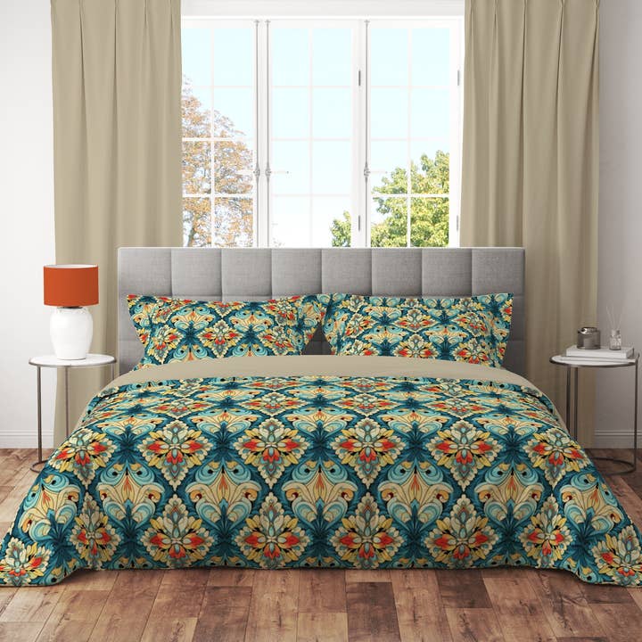 Royal Teal Guld Floral Vendbart Dynebetrækssæt for engroshandel hos Adore India