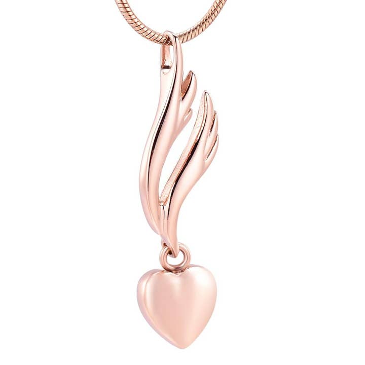 Collana con urna cremazione cuore e ala d'angelo per la vendita all'ingrosso da parte di Cherished Emblems