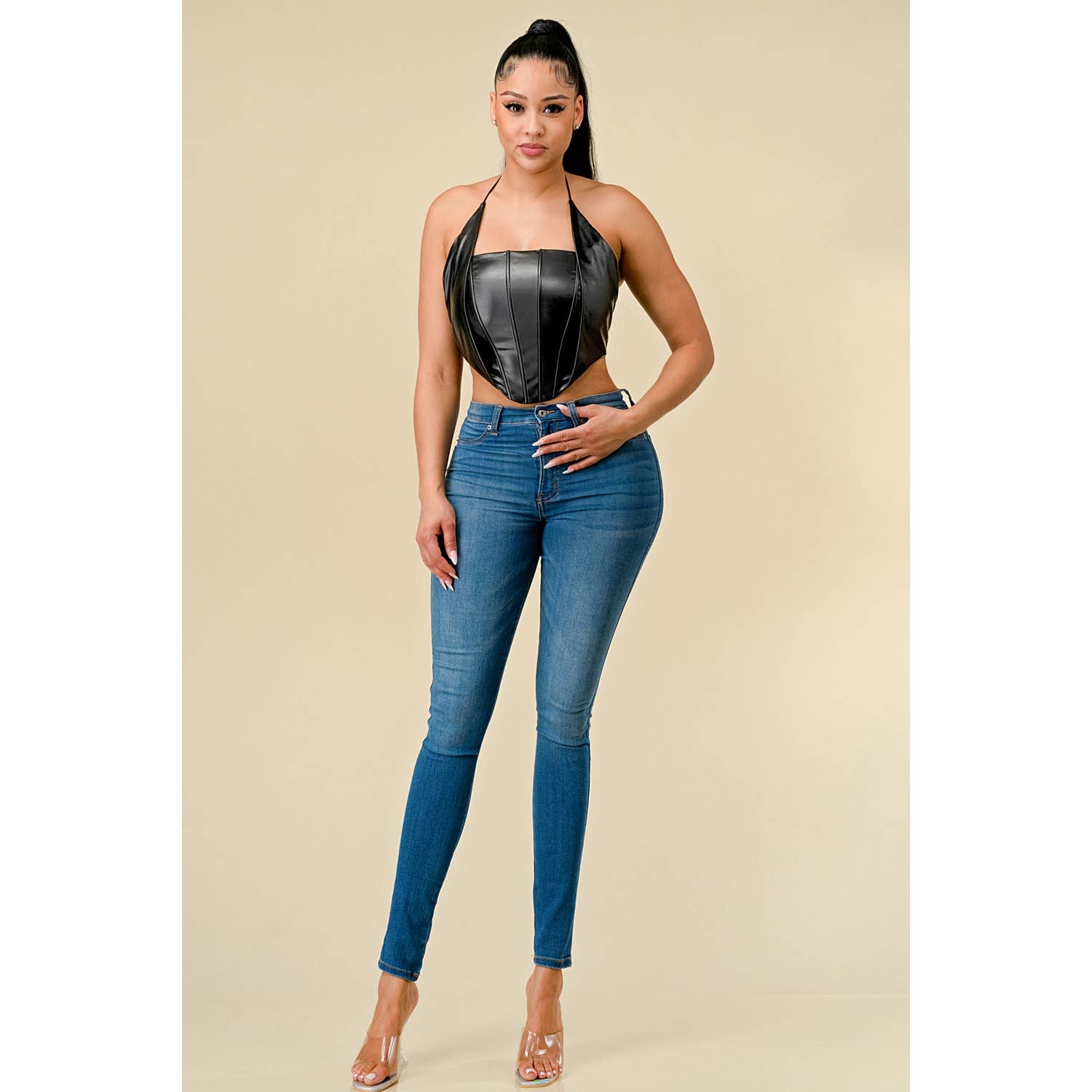 Miss 8 - Wholesale Tank Top - Women's - PU Corset Bustier Crop top with fold Detail4