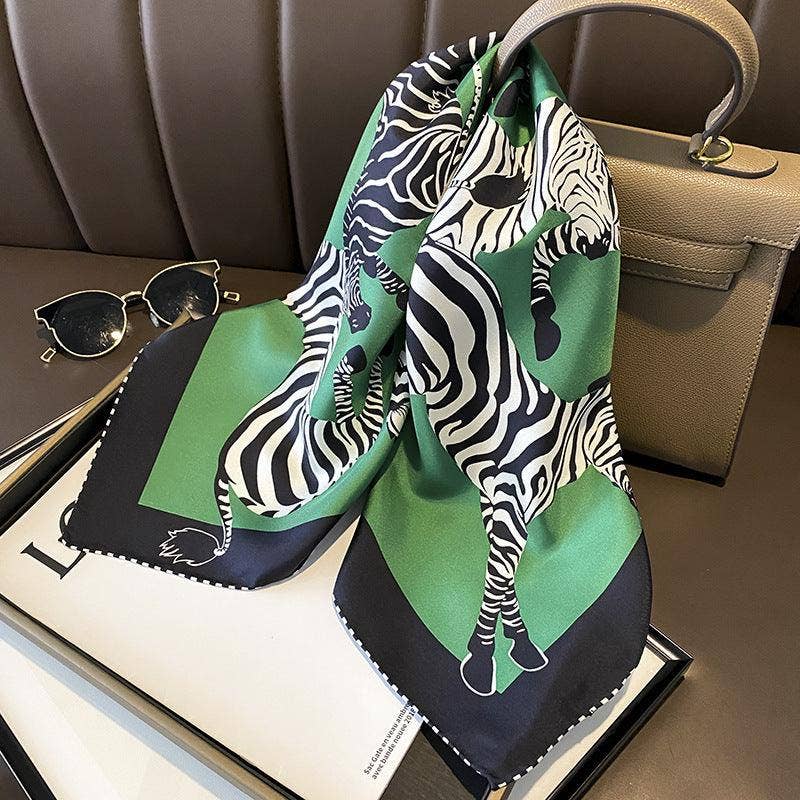 SueSilkHK - Wholesale Scarf - Women's - Green Zebra Pattern Luxurious 70cm Mulberry Silk Square Scarf/Hand-Rolled Hem/Small Neck Scarf/Gift For Her2