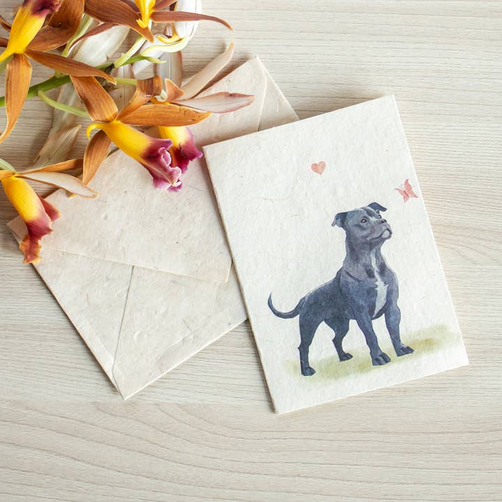 Greeting Card A6, Printed on Lokta Paper, Hand-drawn, Staffy for wholesale by Everest Pet Supply & Gifts