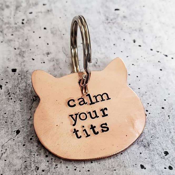 Calma tus tetas cabeza de gato en forma de llavero de cobre para venta al por mayor de Salt and Sparkle