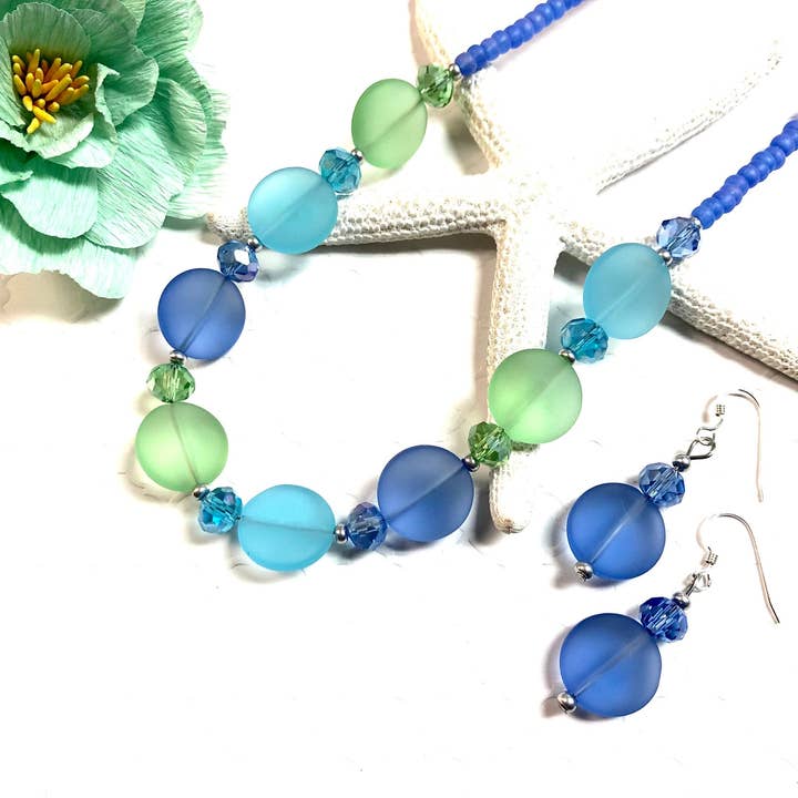 Aqua, Green & Blue Beaded Sea Glass Necklace Set for wholesale by Devi Creations