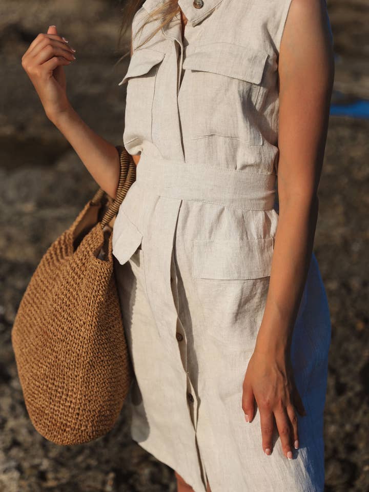 Unique Linen - Wholesale Dress - Women's - Linen Dress CW001 With Pockets In Natural Melange1