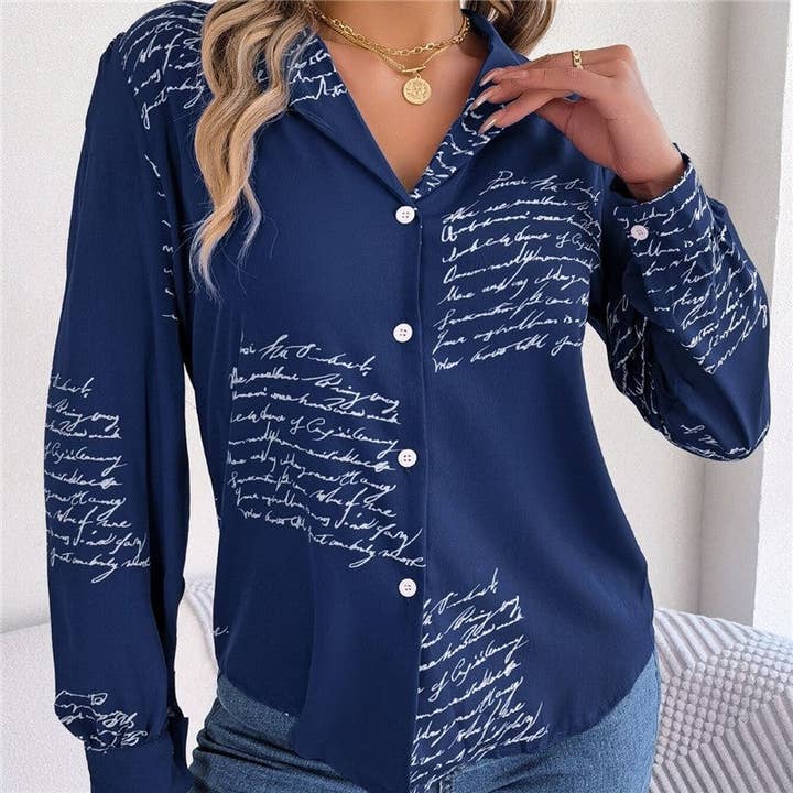 UZ Wholesale Store - Wholesale Button Down Shirt - Women's - Stylish Letter Print Shirt With Suit Collar And Long Sleeves