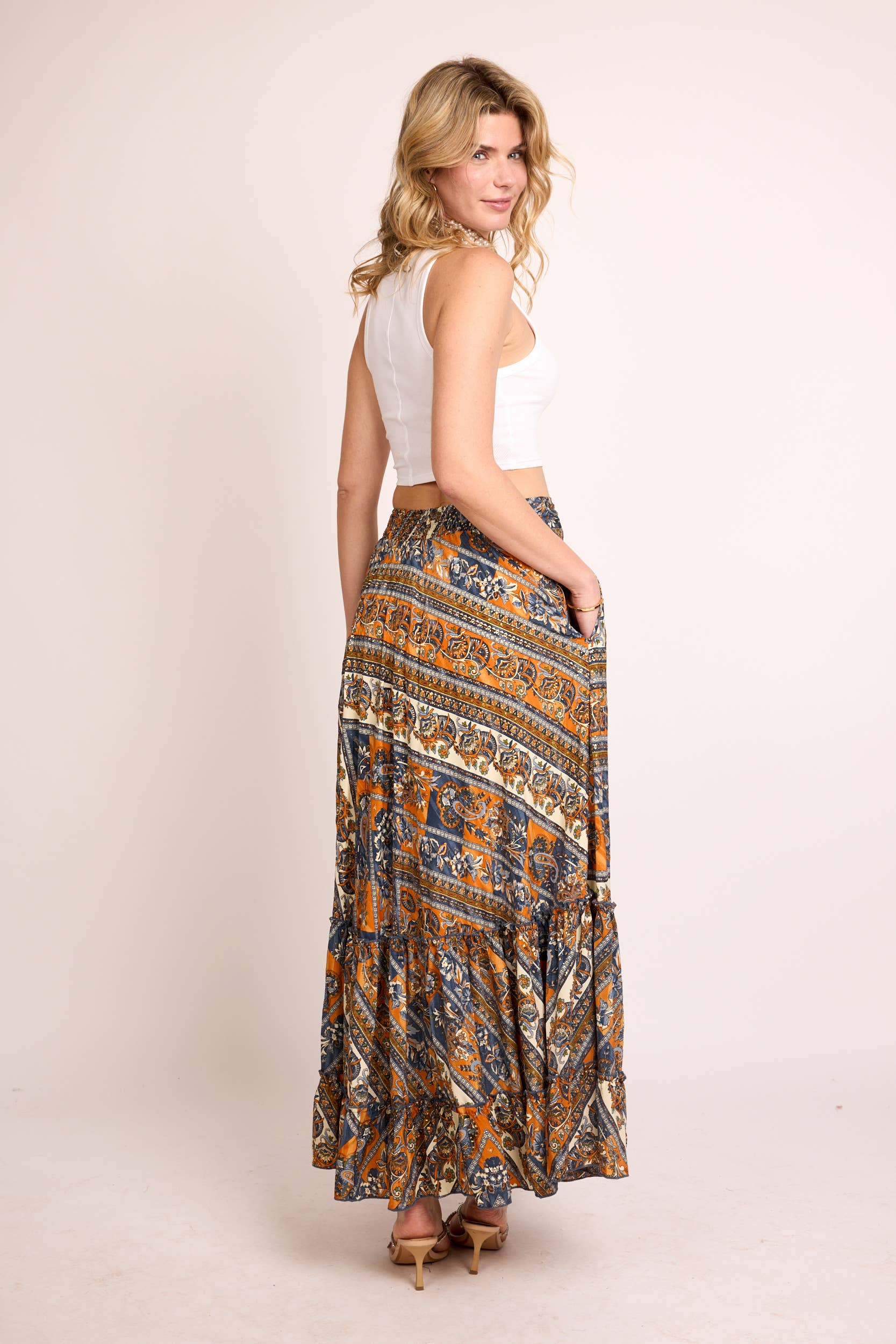  RED COMBO BLACK COMBO TURQUOISE COMBO  Boho Skirt in Cold Silk with Ethnic Print – Handmade for wholesale on Faire1