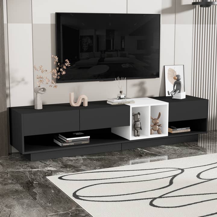 ON-TREND Sleek and Stylish TV Stand with Perfect Storage Solution, Two-tone Media Console for TVs Up to 80'', Functional TV Cabinet with Versatile Compartment for Living Room, Black for wholesale by 39F Inc.