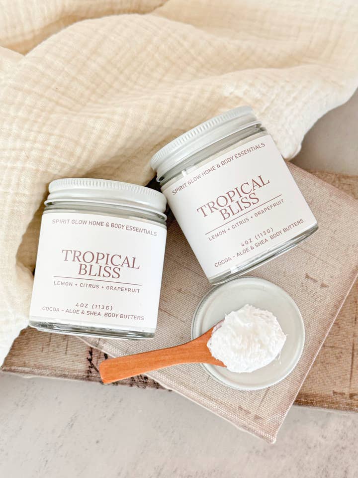 Tropical Bliss Coco-Aloe & Shea Whipped Body Butters for wholesale by Spirit Glow Home & Body Essentials