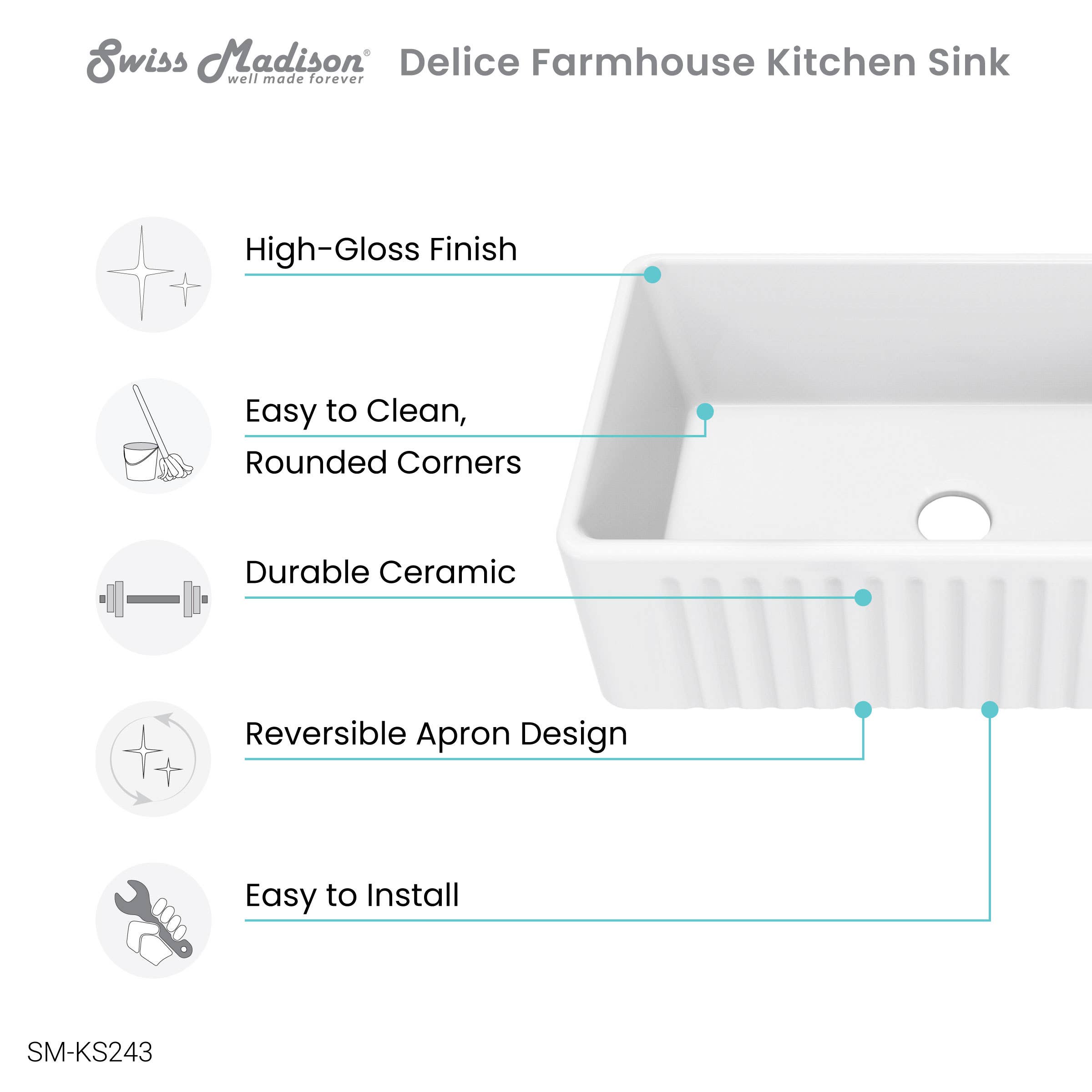 Swiss Madison - Wholesale Kitchen Appliance - Delice 30 x 18 Ceramic, Farmhouse Kitchen Sink with Apron3