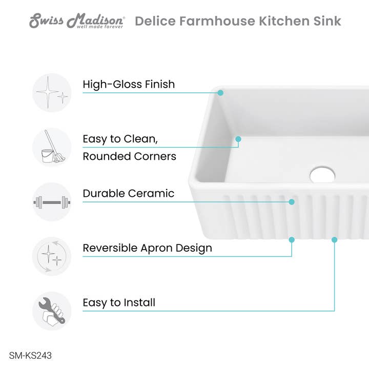Swiss Madison - Wholesale Kitchen Appliance - Delice 30 x 18 Ceramic, Farmhouse Kitchen Sink with Apron3