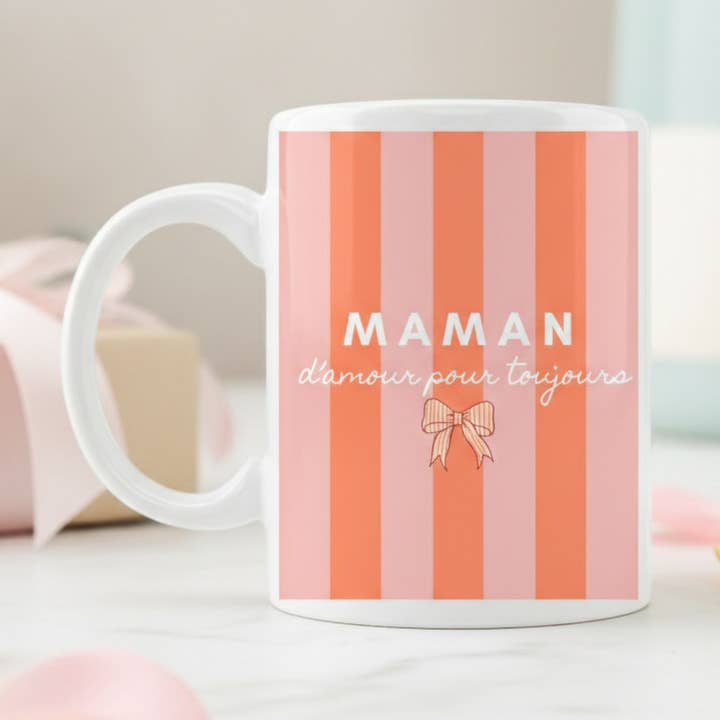 Mug Maman d’amour pour toujours - Rayures Pêche pour la vente par les bambetises