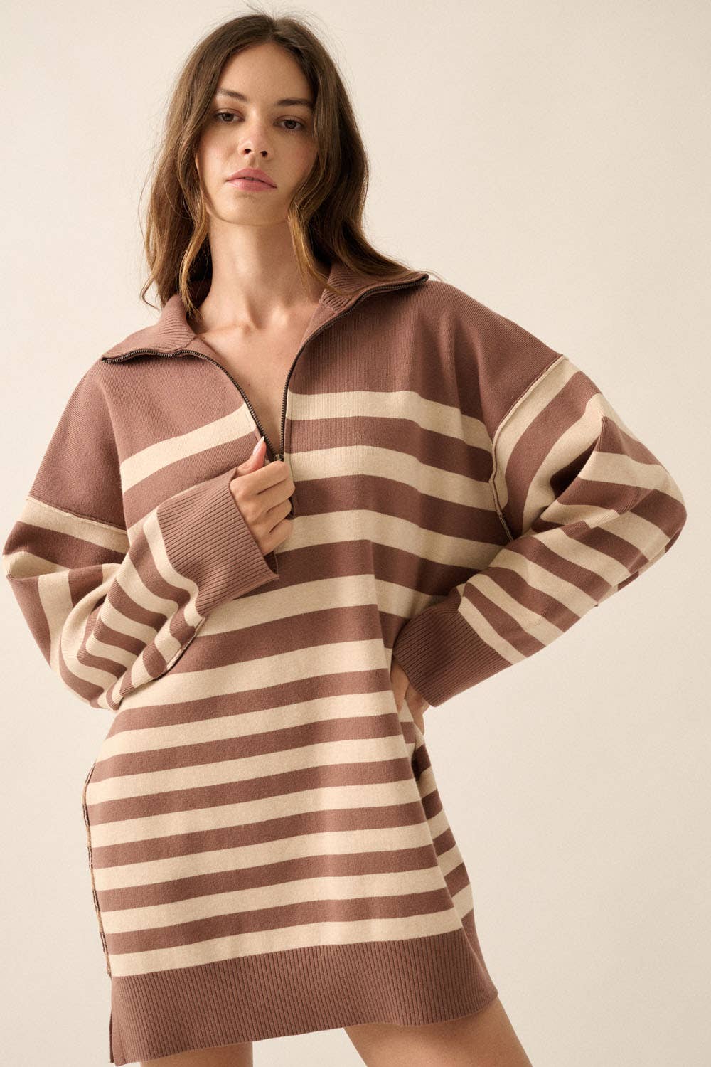 Promesa USA - Wholesale Dress - Women's - Striped Knit Collared Half-Zip Mini Sweater Dress14