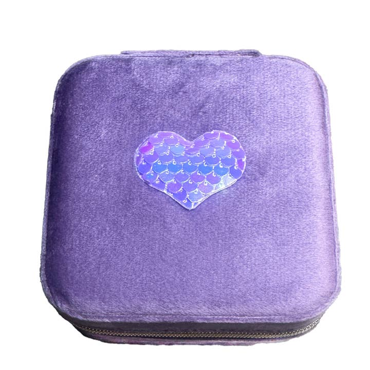 Velvet Mini Square Zipper Jewelry Box with Sequins Heart for wholesale by Stratus