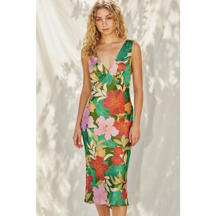 IBIZA GARDEN Moonstruck Satin V Neck Midi Dress for wholesale on Faire
