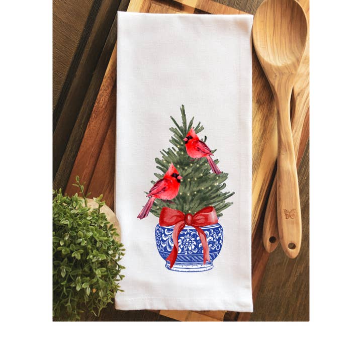 Chinoiserie Cardinals Christmas Tree Tea Towel - Hand Towel for wholesale by Rouge 225