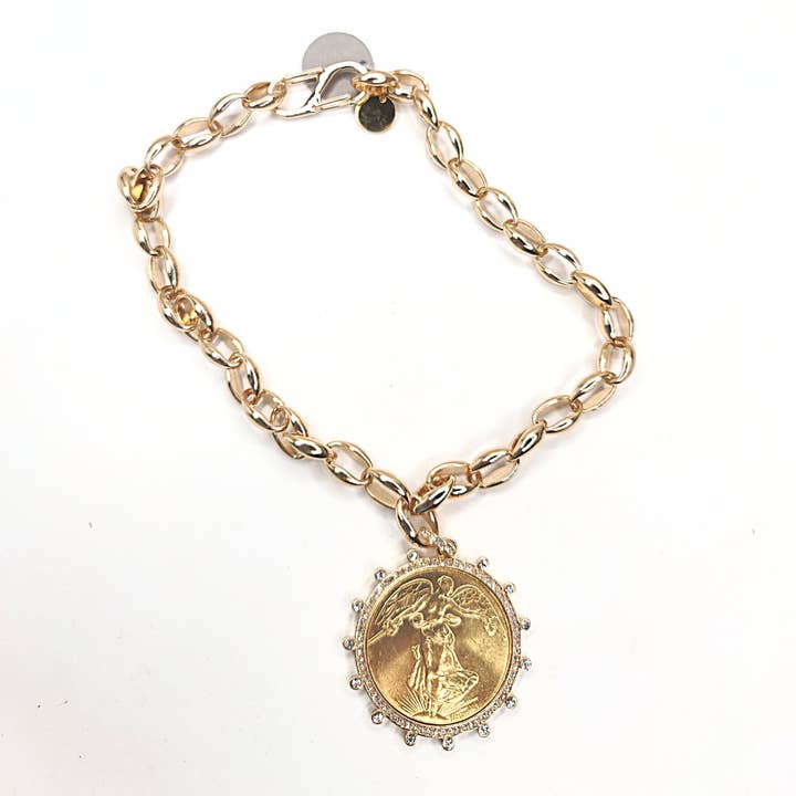 French Coin in Gold Rhinestone Bezel Setting Chain Necklace for wholesale by Beauty In Stone Jewelry