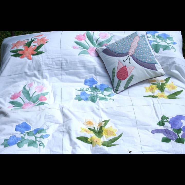 Appliqué Botanical Garden Quilt Contour-Embroidered Flowers for wholesale by Eastern Sunrise Lace And Linens Inc.