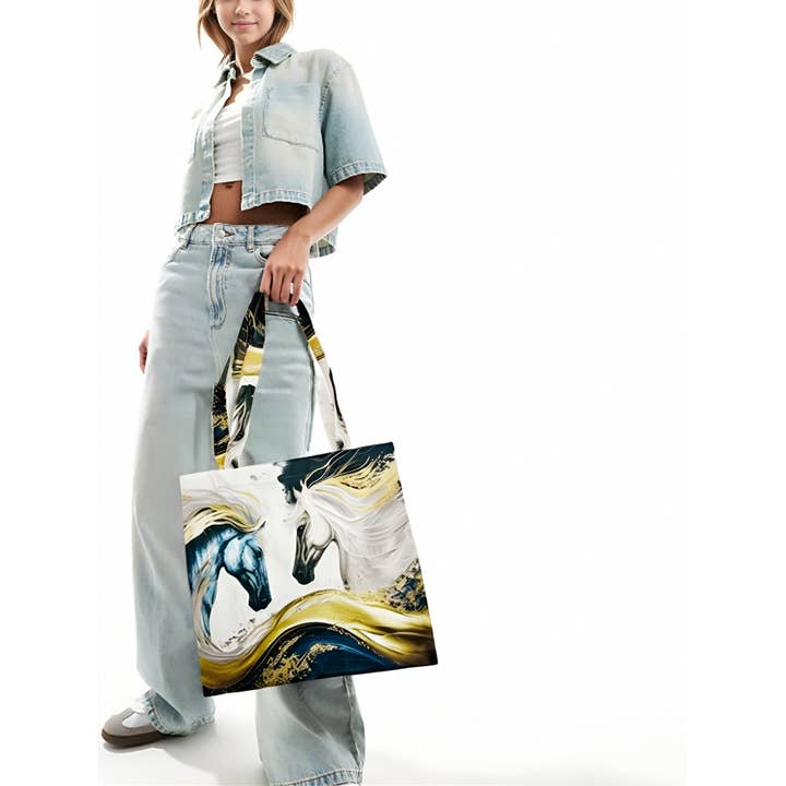 JC Sunny Fashion - Wholesale Tote Bag - Women's - Blue & Gold Horses Premium Shoulder Bag