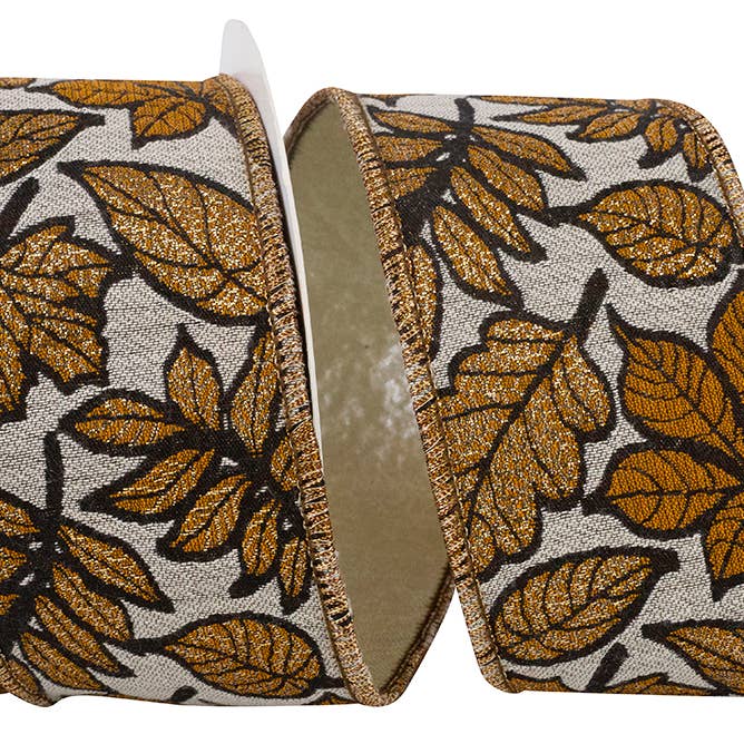 Sparkling Leaves Jacquard Gold Backed Wired Edge, Brown 40D for wholesale by RELIANT RIBBON