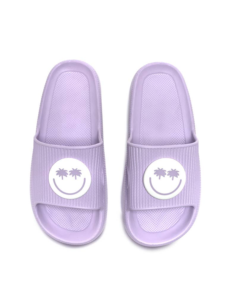 Living Royal - Wholesale Slides - Women's - Quick Dry Pool Slide Sandals - Palm Eyes Happy Face - Lilac