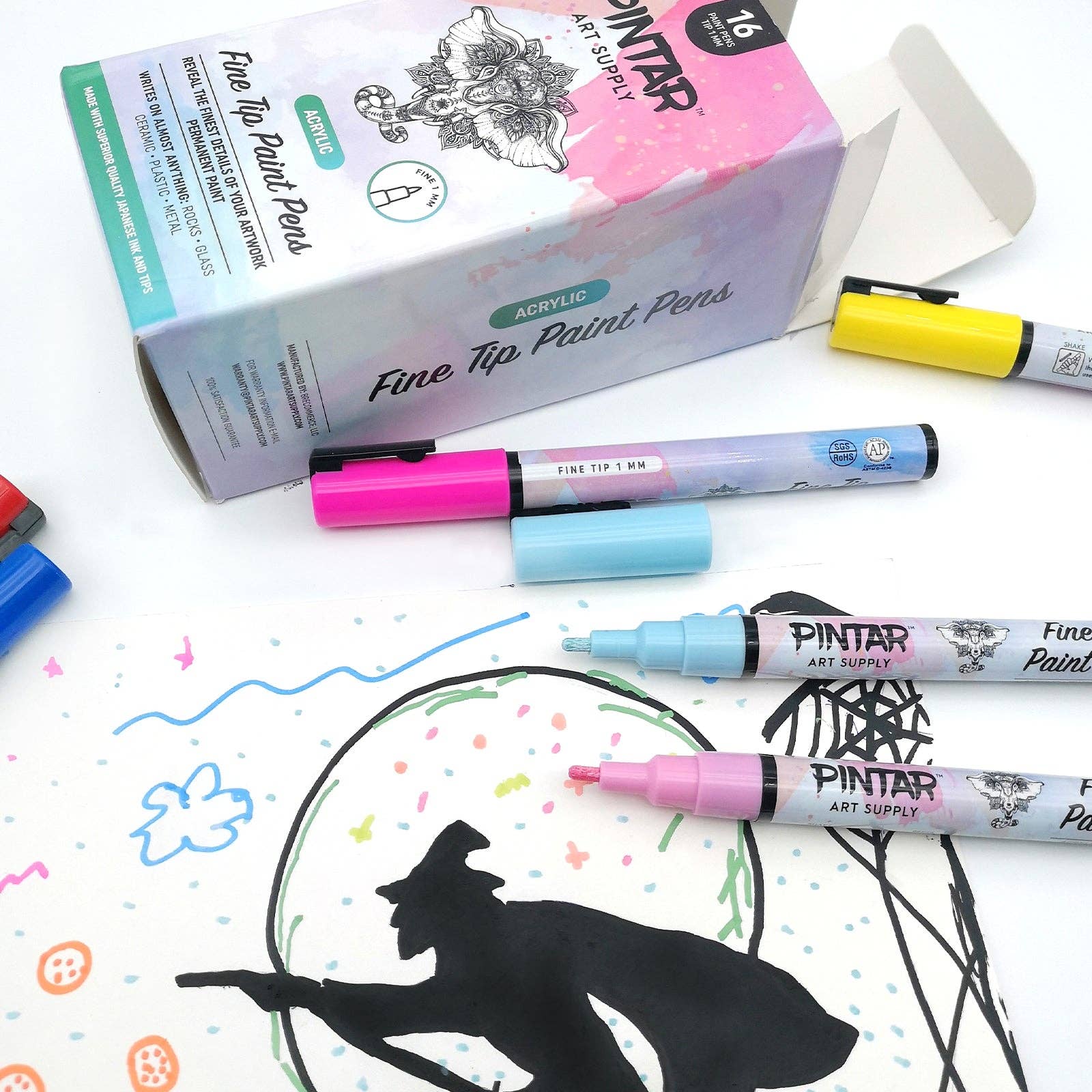 Pintar Art Supply – Großhandel Marker – PINTAR Premium Acryl-Malstifte – 1 mm feine Spitze für Stein-, Keramik-, Glas-, Holz-, Papier-, Stoff- & Porzellanmalerei, wasserfester Farbstift, Bastelbedarf, DIY-Set (16 Farben)7