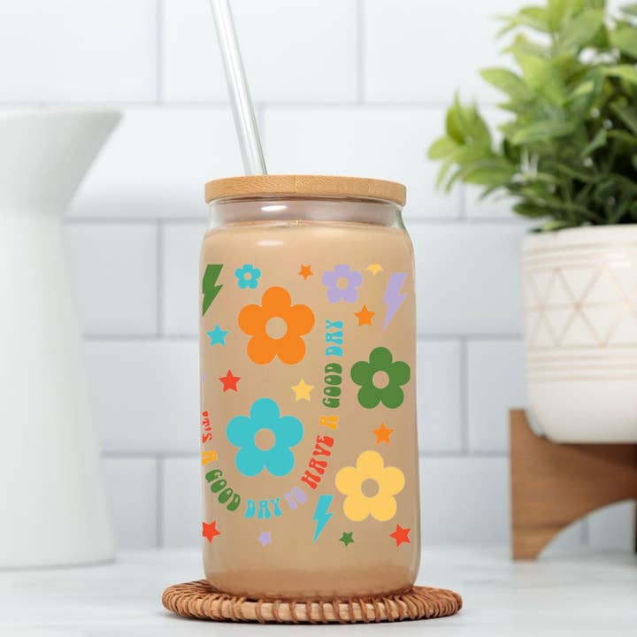 Gobelet en verre avec couvercle, paille et nettoyeur de paille 20 oz Can Cup pour la vente par FLORAL TOWN