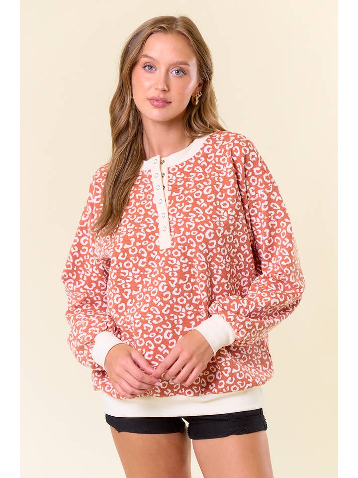 BURNT ORANGE LEOPARD Jacquard Half Snap Button-Down Sweatshirt - 44608T for wholesale on Faire