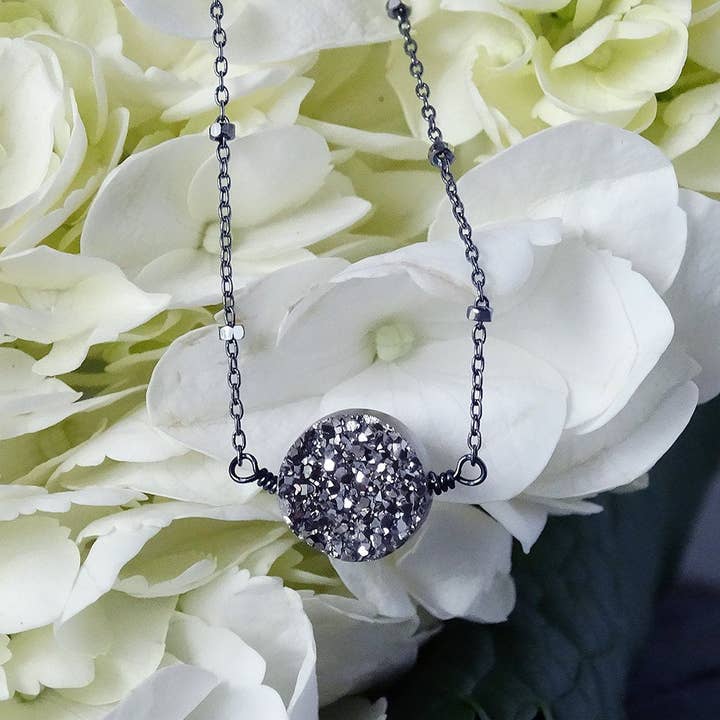 Charcoal Gray Druzy Necklace for wholesale by Designed by Stacey Jewelry