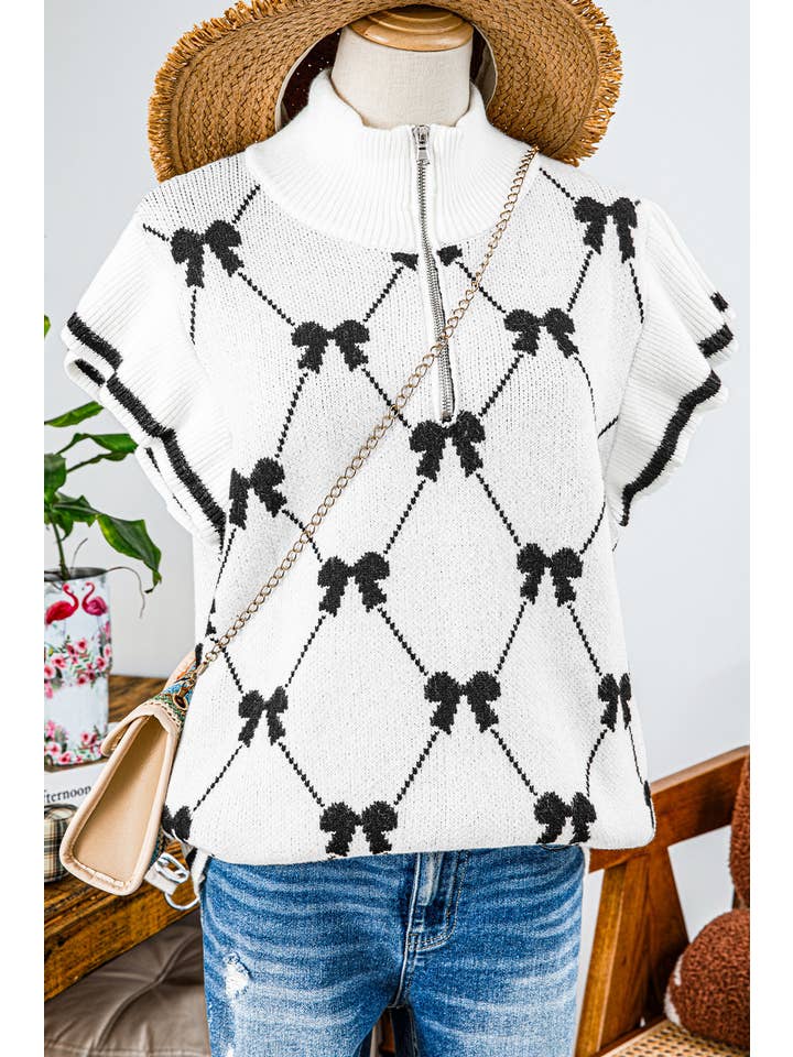 fashionworks - Wholesale Knit Sweater - Women's - Fashion-W Preppy Vibes Bow Print Zipped Collar Sweater Tee6