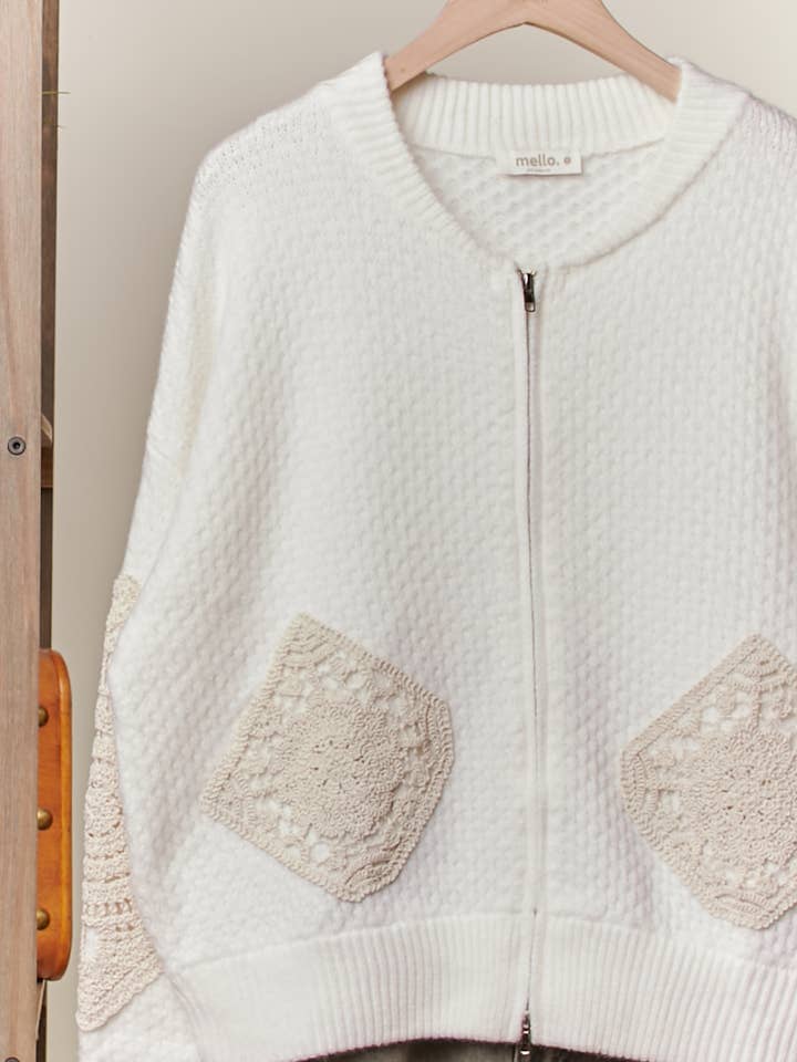 Ivory Brown Textured Zip Up Front Long Sleeves Sweater for wholesale on Faire