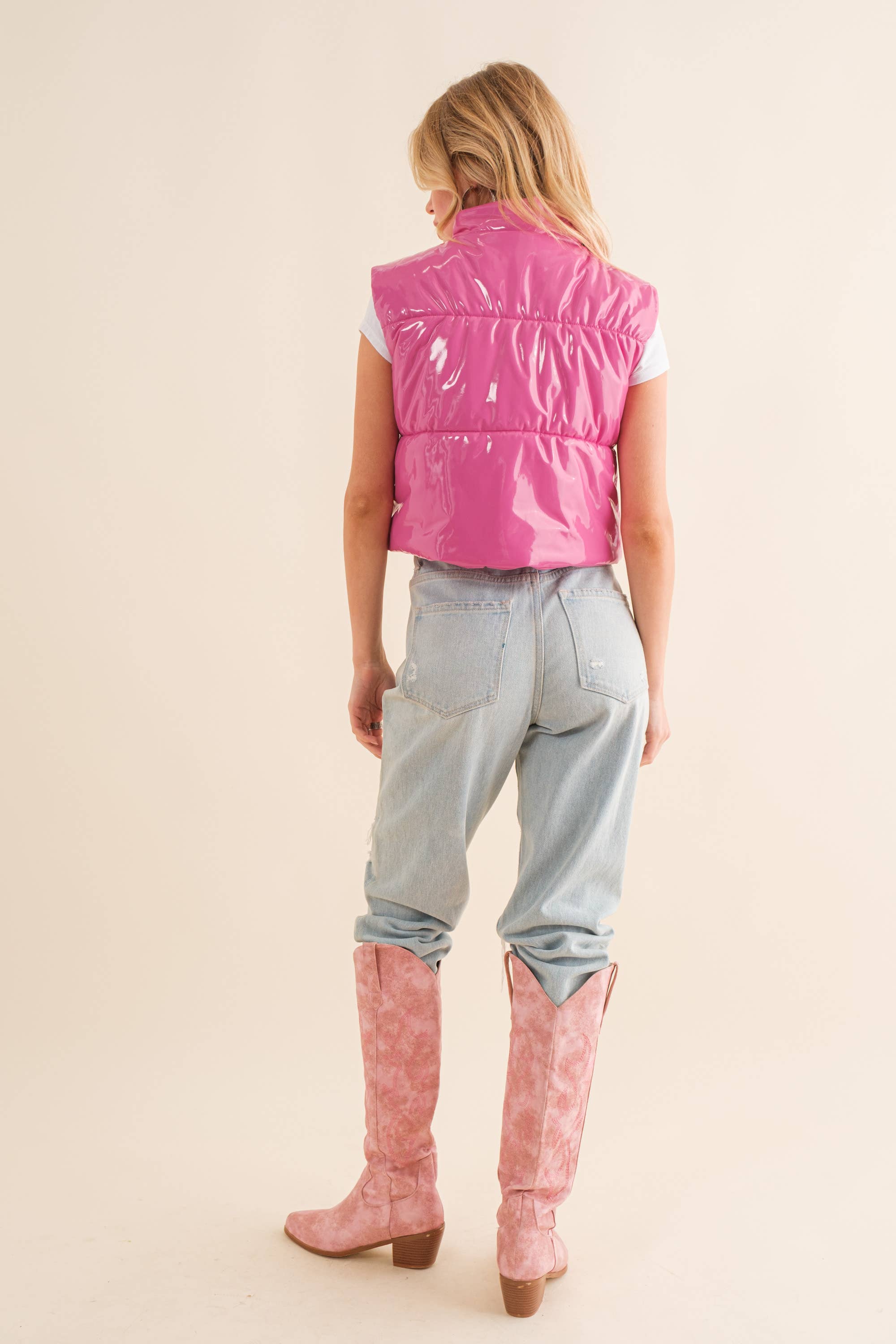 Blue B - Wholesale Outerwear Vest - Women's - 22656J - Gloss Shiny PU Quilted Puffer Zip Up Crop Vest11