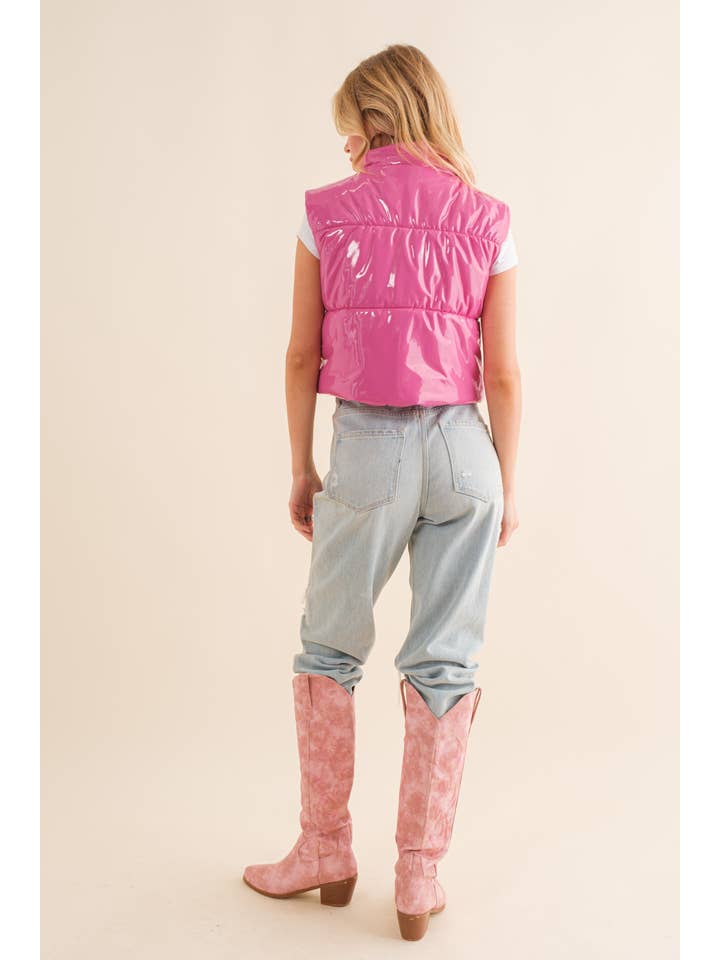 Blue B - Wholesale Outerwear Vest - Women's - 22656J - Gloss Shiny PU Quilted Puffer Zip Up Crop Vest11